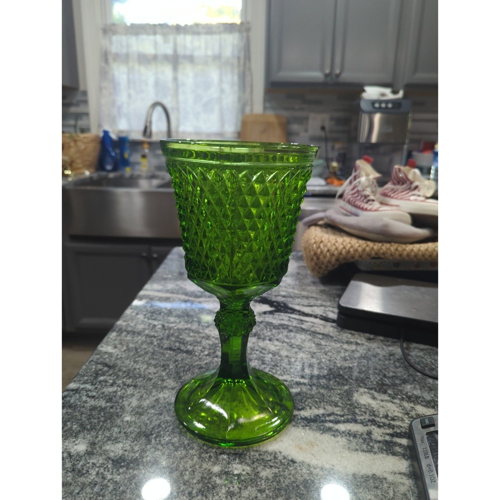 Vtg Indiana Glass Emerald Green Diamond Point Chalice Pedestal Candy Compote 11"